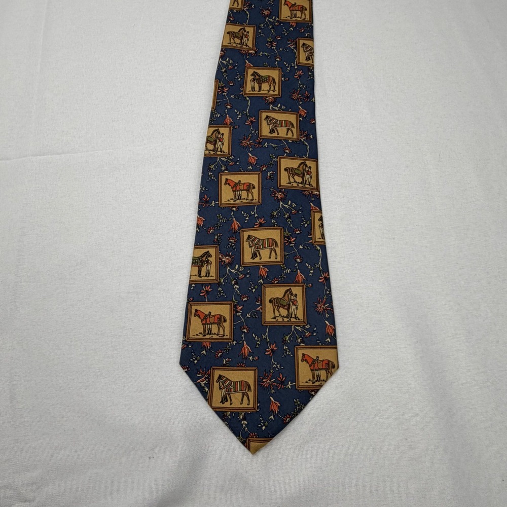 Salvatore Ferragamo Tie Mens OS Blue Silk Equestrian Horse Framed Print Italy